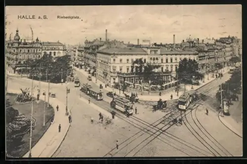 AK Halle / Saale, Strassenbahnen auf dem Riebeckplatz, Pferdegespanne