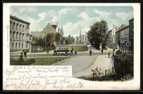 AK Halle a.d. Saale, Alte Promenade mit Stadttheater, Strassenbahn
