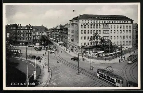 AK Halle / Saale, Riebeckplatz, Strassenbahn, Hotel Goldene Kugel
