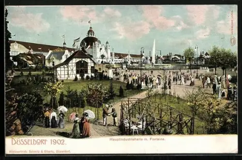 AK Düsseldorf, Gewerbe- und Industrie-Ausstellung 1902, Hauptindustriehalle mit Fontäne