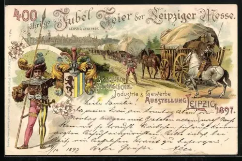 Lithographie Leipzig, Sächsisch Thüringische Industrie- & Gewerbe-Ausstellung 1897, Händler strömen in die Stadt