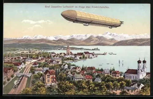 AK Friedrichshafen, Graf Zeppelins Luftschiff im Flug über die Stadt
