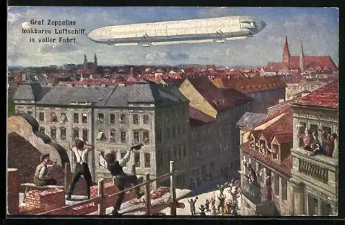 AK Aachen, Graf Zeppelins lenkbares Luftschiff über der Stadt