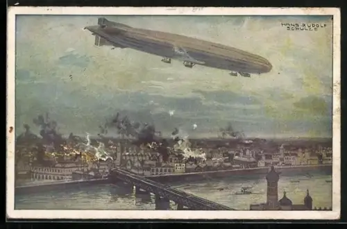 Künstler-AK Hans Rudolf Schulze: Zeppelin fliegt über eine unter Beschuss stehende Ortschaft