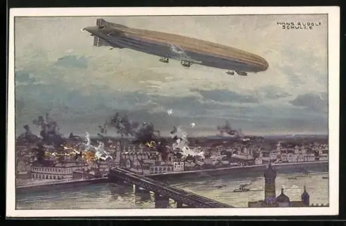 Künstler-AK Hans Rudolf Schulze: Zeppelin fliegt über eine unter Beschuss stehende Ortschaft