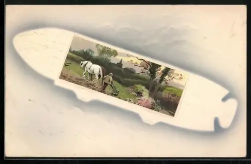 Passepartout-Präge-AK Bauer mit Pferdepflug im Zeppelin