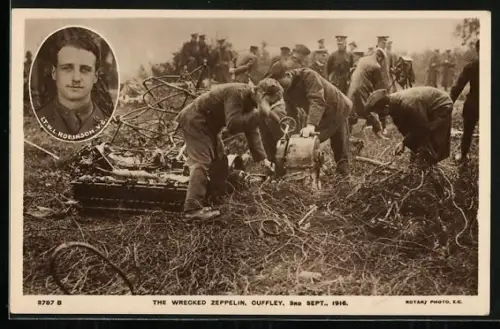 AK Cuffley, Zeppelin Wrack, The wrecked Zeppelin, 3nd Sept. 1916, L.T. W. L. Robinson V.C., Flugzeug