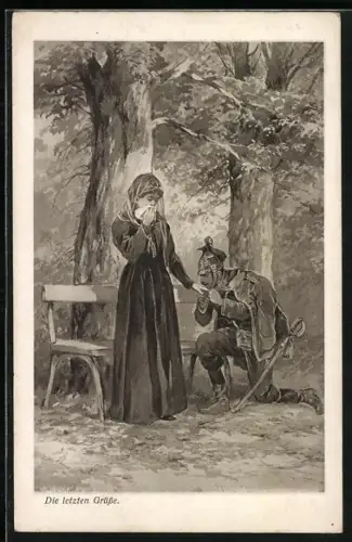 Künstler-AK Die letzten Grüsse, Soldat verabschiedet sich von seiner Geliebten