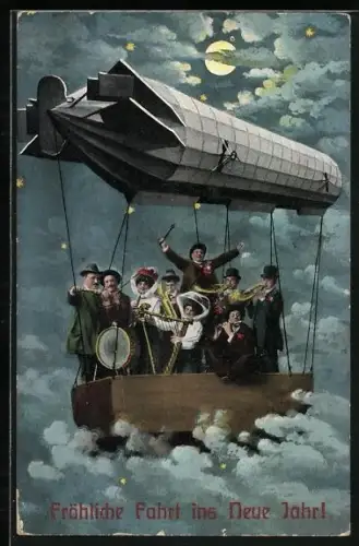 AK Zeppelin mit fliegender Kapelle, Neujahrsgruss