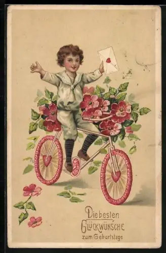 Präge-AK Junge mit Kuvert auf dem Fahrrad, Geburtstagsgruss