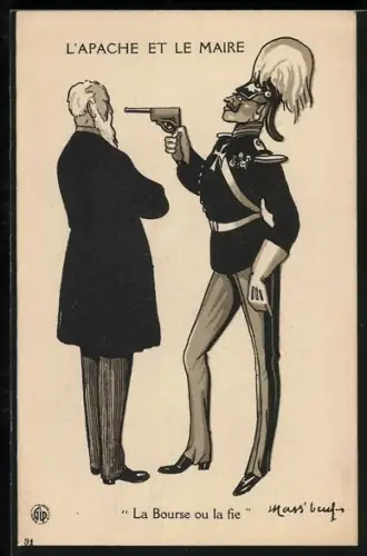 Künstler-AK Kaiser Wilhelm II. bedroht einen Mann mit Pistole, Propaganda Entente