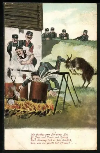 AK Schweizer Soldat in Uniform fällt in den Kochtopf