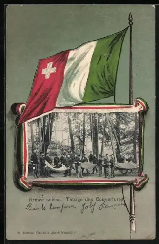 AK Schweizer Soldaten mit Tüchern, Flagge, Passepartout