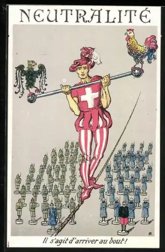 Künstler-AK Schweiz, Neutralité, Schweiz als Akrobat balanciert zwischen Deutschland und Frankreich