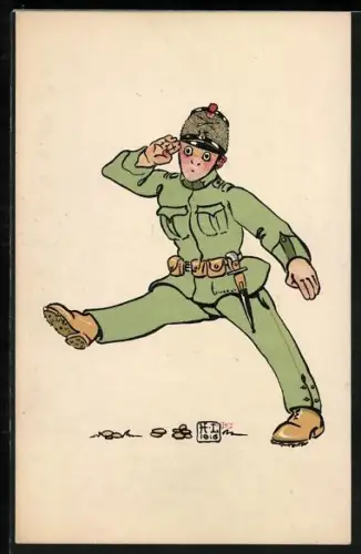 Künstler-AK sign. H. Lotan: komischer schweizer Soldat, Scherz