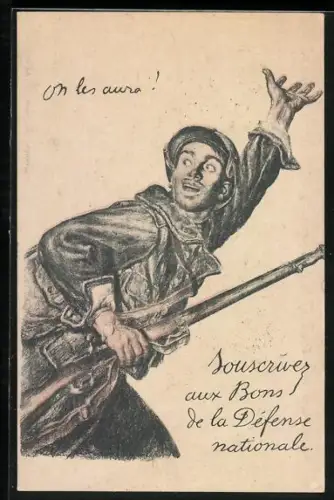 AK Soldat mit Gewehr auf dem Weg in die Schlacht, Souscrivez aux Bons de la Défense national, Propaganda