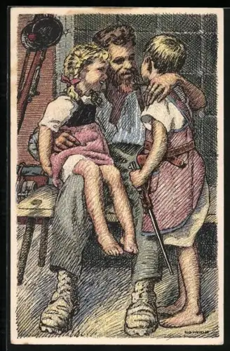 Künstler-AK schweizerische Nationalspende für unsere Soldaten u. ihre Familien, Vater mit seinen Kindern