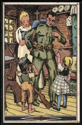 Künstler-AK Nationalspende für Soldaten u. Familien, Schweizer Soldat mit Ausmarschgepäck und Familie
