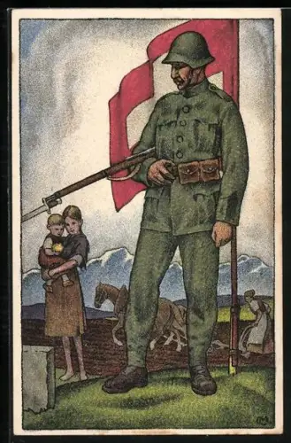 Künstler-AK Schweizerische Nationalspende für unsere Soldaten, Infanterist mit Stahlhelm