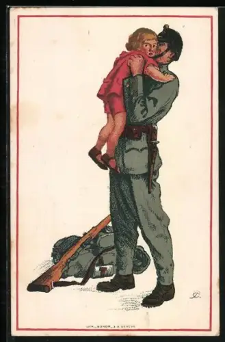 Künstler-AK Heimkehrender Soldat mit Tochter, schweizerische Nationalspende für Soldaten und ihre Familien