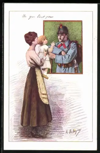 Künstler-AK Schweizer Soldat mit Frau und Kind