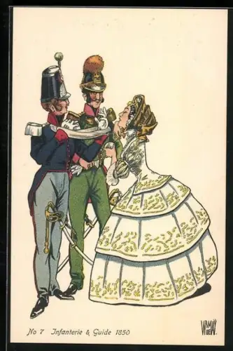 Künstler-AK sign. Wr. de May: Schweizer Soldat der Infanterie & Guide mit Frau, 1850