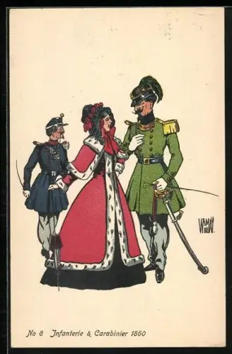 Künstler-AK sign. De Warnay: Infanterie & Carabinier 1860, schweizer Soldaten mit Dame in rotem Mantel