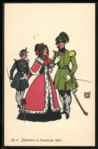 Künstler-AK sign. De Warnay: Infanterie & Carabinier 1860, schweizer Soldaten mit Dame in rotem Mantel