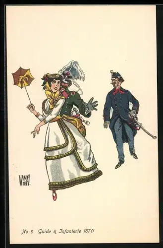 Künstler-AK sign. Wr. de May: Bern, Schweiz. Landes-Ausstellung 1914, Schweizer Infanterie-Soldat mit Frau und Guide