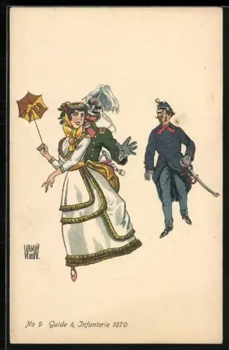 Künstler-AK sign. Wr. de May: Bern, Schweiz. Landes-Ausstellung 1914, Schweizer Infanterie-Soldat mit Frau und Guide