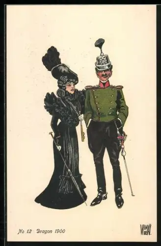 Künstler-AK Dragon 1900, schweizer Soldat und Dame