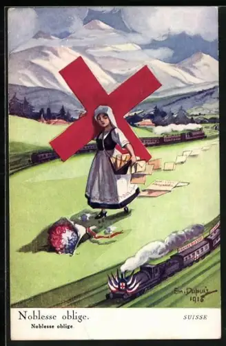 Künstler-AK Em.Dupuis: Noblesse oblige, Schweizerin trägt ein Rotes Kreuz, Eisenbahnen, Briefe