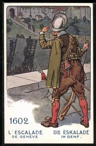 Künstler-AK Genf, Die Eskalade mit schweizer Soldat von 1602