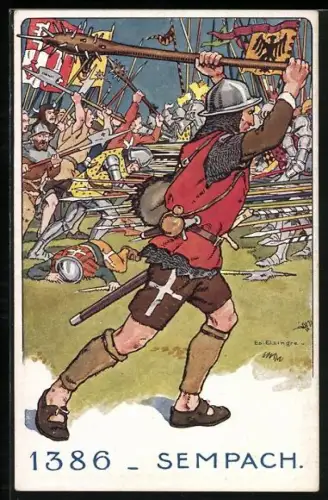 Künstler-AK Sempach, Der Schweizer-Soldat im Laufe der Jahrhunderte, Schlacht von 1386