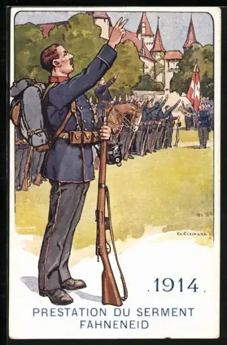 Künstler-AK sign. Ed. Elzingre: Fahneneid 1914, Schweizer Soldaten