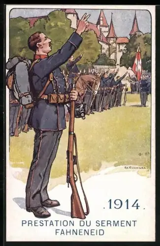 Künstler-AK sign. Ed. Elzingre: Fahneneid 1914, Schweizer Soldaten