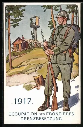 Künstler-AK sign. Ed. Elzingre: schweizer Soldat der Grenzbesetzung von 1917