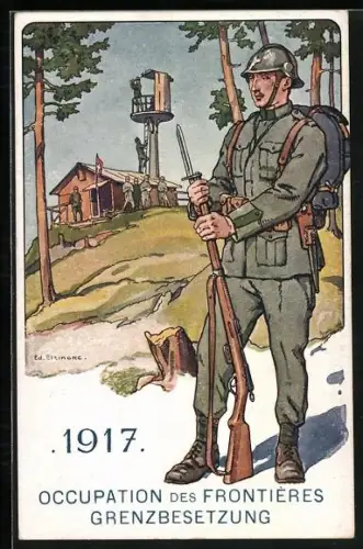 Künstler-AK sign. Ed. Elzingre: schweizer Soldat der Grenzbesetzung von 1917