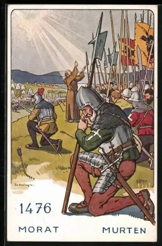 Künstler-AK Der schweizer Soldat im Laufe der Jahrhunderte, 1476, Morat / Murten