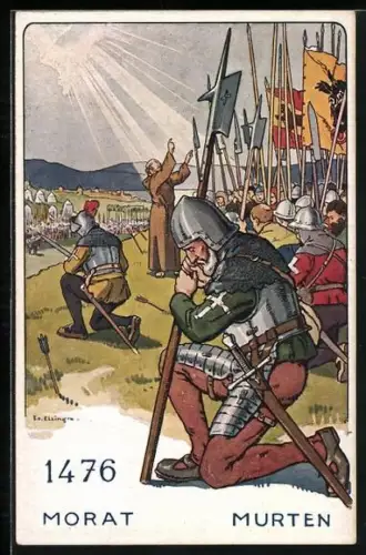 Künstler-AK Der schweizer Soldat im Laufe der Jahrhunderte, 1476, Morat / Murten