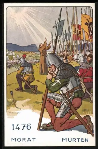 Künstler-AK Der schweizer Soldat im Laufe der Jahrhunderte, 1476, Morat / Murten