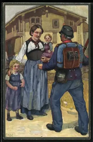 AK schweizer Soldat in Uniform kehrt zu seiner Familie heim