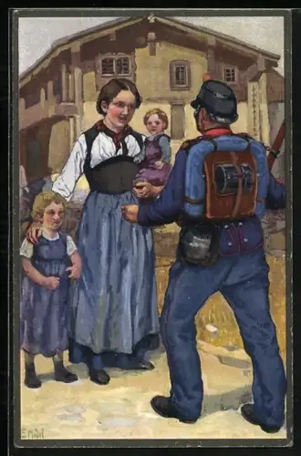 AK schweizer Soldat in Uniform kehrt zu seiner Familie heim