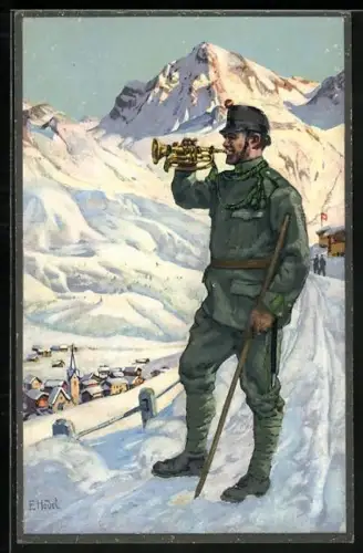 Künstler-AK sign. E. Hodel: Trompeters Morgenlied, Schweizer Soldat