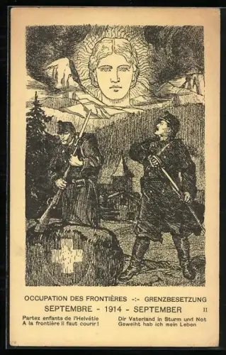 AK Grenzbesetzung August 1914, schweizer Grenzsoldaten auf Wachposten, Helvetia am Horizont