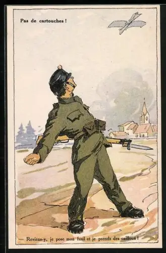 Künstler-AK Pas de cartouches, Soldat schaut einem Flugzeug hinterher