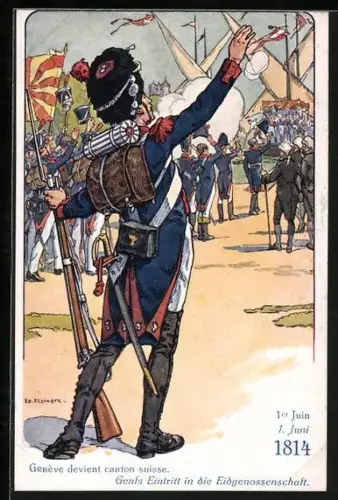 Künstler-AK sign. Ed. Elzingre: Der Schweizer Soldat im Laufe der Jahrhunderte, Genfs Eintritt in die Eidgenossenschaft