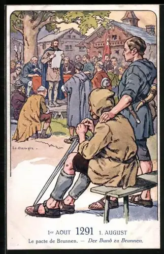 Künstler-AK Brunnen /SZ, Der Bund zu Brunnen am 1.8.1291