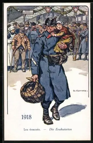 Künstler-AK Les evacues, Die Evakuierten, schweizer Soldat trägt ein Kind auf dem Arm