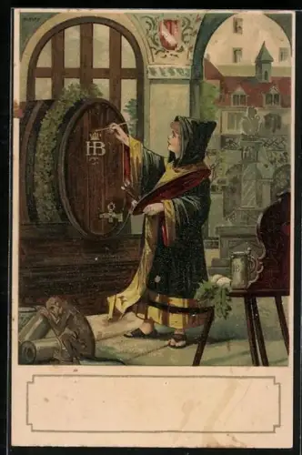 AK Münchner Kindl bemalt ein Fass mit einem Emblem